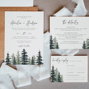 Pine Wedding Invitation Set, Mountain, Woodland Pine, Rustic Wedding, Lakeside Editable Template, Instant Download, Templett, 005