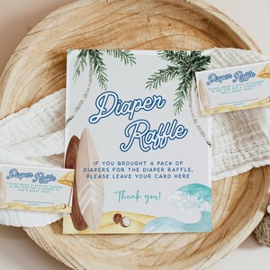 Windel-Verlosung Zeichen Surf-Babyparty, Strand-Babyparty, Neutrale Babyparty, Vorlage, Sommer, Windelkarte, Sofort, Bearbeitbar, 114
