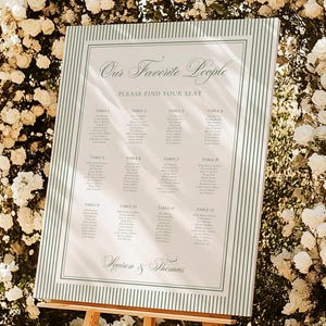 May include: A rectangular wedding seating chart sign with a white background, green striped border, and the text Our Favorite People, Please Find Your Seat, and Lauren & Thomas, displayed on a wooden tripod easel stand.