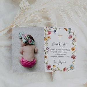 Tarjeta de agradecimiento por bautizo, bautizo con flores silvestres, agradecimiento floral, bautizo, foto de agradecimiento, editable, descargable, plantilla, 55