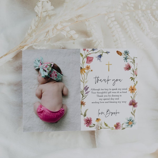 Baptism Thank You Card, Wildflower Baptism, Floral Baptism Thank You, Christening, Thank You Photo, Editable, Download, Template, 55