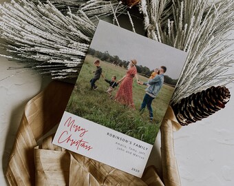 Merry Christmas Photo Card, Portrait Christmas Card, Minimal Christmas Card, Holiday Photo Card, DOWNLOAD, Editable, Template,