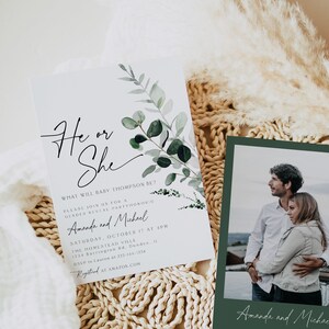 Greenery Baby Shower Invitation Set Template, Leaf, Gender Reveal, Neutral, Modern Minimalist Greenery, Boy or Girl Editable, Instant, 80
