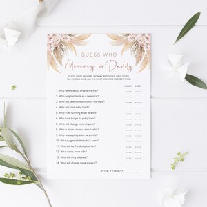 Mama of papa spel, afdrukbaar babyshowerspel, pampasgras babyshowersjabloon, bohodouche, instant download, Templett