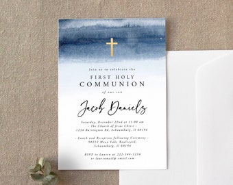 Blue Watercolor First Communion Invitation Template, First Holy Communion Invitation Boy, 100% Editable, Instant Download, Minimalist