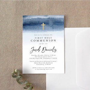 Blue Watercolor First Communion Invitation Template, First Holy Communion Invitation Boy, 100% Editable, Instant Download, Minimalist