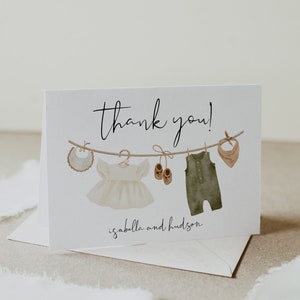 Baby Shower Thank You Card, Boho Baby Shower Thank You, Clothes Baby Shower, Thank You Notes, Folded, Gender Reveal, Instant Download, 95