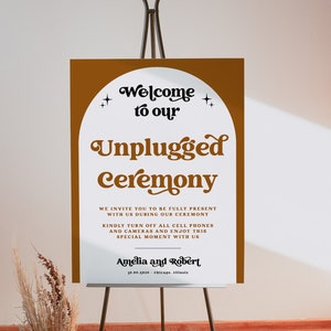 Retro Unplugged Ceremony Sign Template, Unplugged Ceremony Sign Printable Download, Retro Wedding Unplugged Sign, Groovy Wedding, Copper, 72