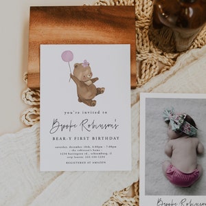 Bear Birthday invitation, Bear-y First Birthday, Cute Bear Birthday, 1st Birthday Teddy Bear Invitation, Balloons, Girl, Printable, 58