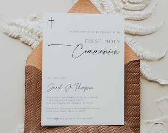 May include: A white card with a brown envelope. The card has a cross at the top and the text "PLEASE JOIN US AS WE CELEBRATE THE FIRST HOLY COMMUNION" in black. The text "OF OUR SON JACOB J. THOMPSON" is also in black. The card lists the date, time, and location of the event. The envelope is brown with a woven pattern.