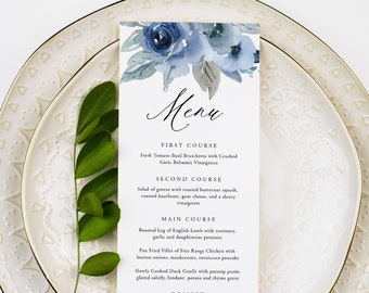 Dusty Blue Menu Template, Blue Flower Menu, Printable Wedding Dinner Menu Card, 100% Editable Text, INSTANT DOWNLOAD, Templett, 06