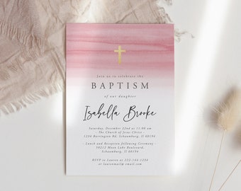 Pink Watercolor Baptism Invitation Template, Baptism Invitation Girl, Christening, Blush, 100% Editable, Instant Download, Minimalist, 36