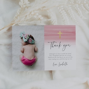 Baptism Thank You Card, Pink Baptism, Baptism Thank You, Blush Gold, Pink, Christening, Thank You Photo, Editable, Download, Template, 36