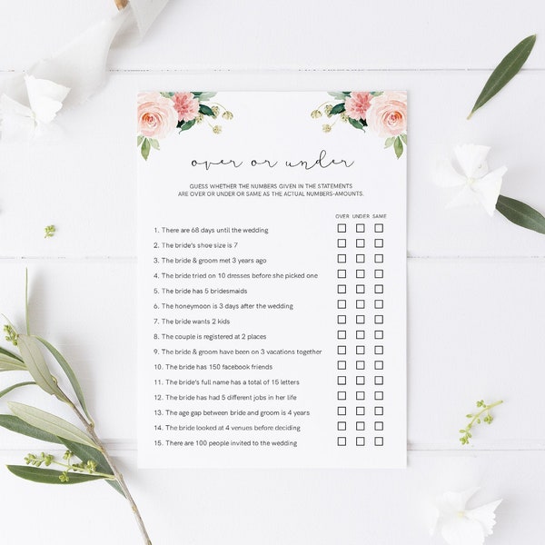 Over or Under Bridal Shower Game, Printable Tea Party Bridal Shower Game, Instant Download, Bridal Tea Game, Tea, Game, 23