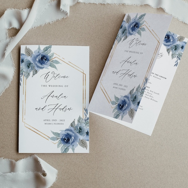 Dusty Blue Wedding Program Template, Foldable, Blue Floral Wedding Program, Silver Dusty Blue , Folded Program Wedding, Instant, 06