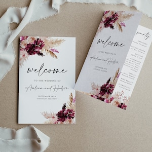 Pampas Wedding Program Template, Foldable, Burgundy Wedding Program, Boho Wedding Program, Folded Program Wedding, Instant, Template, 26