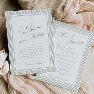 Puede incluir: Dos tarjetas de papetería de boda rectangulares con fondo blanco y bordes a rayas verde salvia. La tarjeta de la izquierda dice Welcome to our Wedding, Lauren & Thomas. La tarjeta de la derecha dice Weekend Itinerary con el programa.