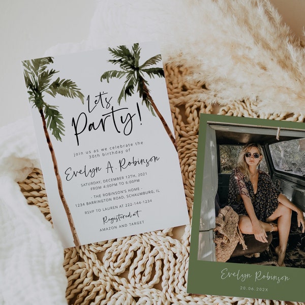 Palm Party Invitation template, Folk Wildflowers, Beach Birthday, Palm Three, Palm Birthday, Summer, Instant Download, Editable, 44