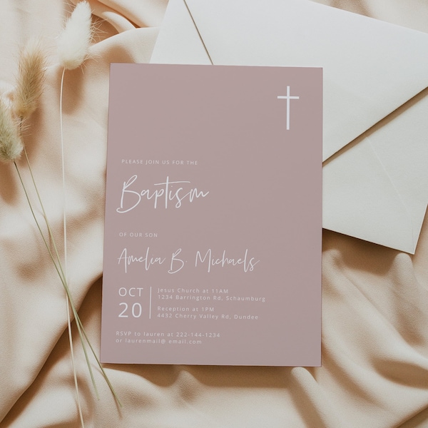Baptism Invitation Template, Pink Baptism Invitation Girl, Christening, Modern, Editable, Instant, Pink Blush, Minimalist Baptism, 83