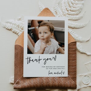 Birthday Thank You Photo Card, Minimalist Simple Modern Picture Thank You, Simple Birthday Favor Card, Fully Editable, Instant Download, 41