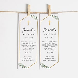 Plantilla de marcapáginas para bautizo, descarga instantánea, marcapáginas editable, marcapáginas imprimible, recuerdos para bautizo, bautizo con vegetación