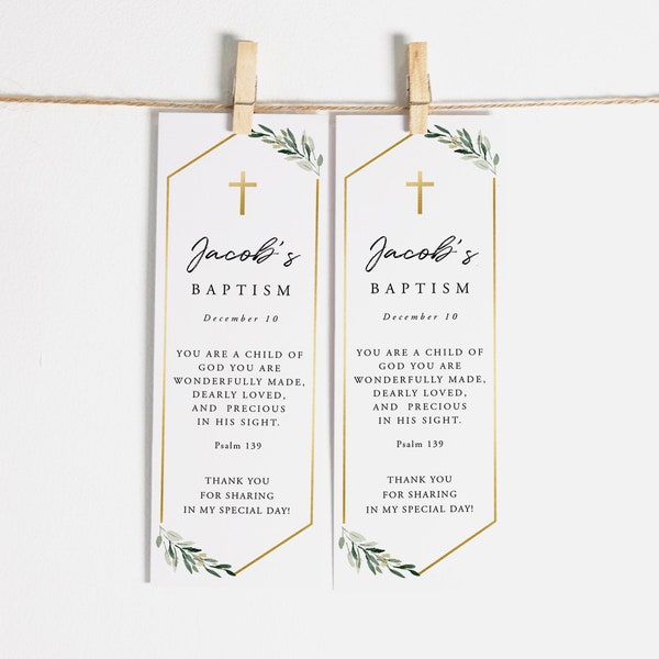 Baptism Bookmark Template, Instant Download, Editable Bookmark Keepsake, Printable Bookmark, Baptism Favors, Greenery Baptism