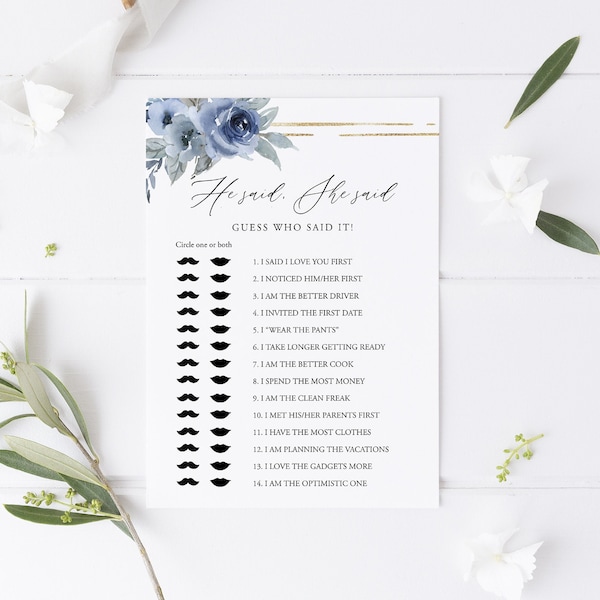 He Said She Said Bridal Shower Game, Dusty Blue Bridal Shower Template, Blue Bridal, Guess Who Said It, Instant Download, Templett, 06