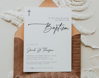 May include: A white card with a brown envelope. The card has a black cross at the top and the text "PLEASE JOIN US AS WE CELEBRATE THE Baptism Jacob J. Thompson SATURDAY, DECEMBER 22ND AT 11:00AM - The Church of Jesus Christ - 1234 barringtue rd. Dundee, IL 60194 Lunch and Reception following Ceremony 2290 Point Blvd, Figin, II. 60123 RSVP to Lauren at 222-144-1734".