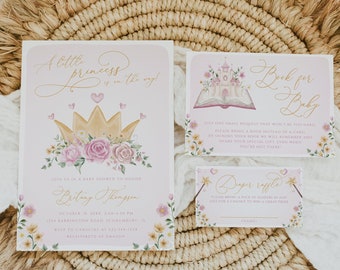 Princess Baby Shower Invitation Set Template, Diaper Sign, Book, Crown Baby Shower Invitation, Pink and Gold Little Princess, Editable, 105