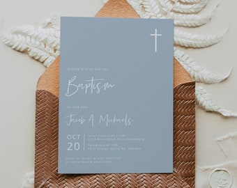 Dusty Blue Baptism Invitation Template, Blue Baptism Invitation Boy, Christening, Modern, Editable, Instant Download, Minimalist Baptism, 83
