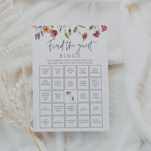 Find The Guest Bingo Game, Wildflower Bridal Shower Bingo Cards Printable, Wildflower Bridal Shower, Boho Bridal Shower Bingo, Instant, 55