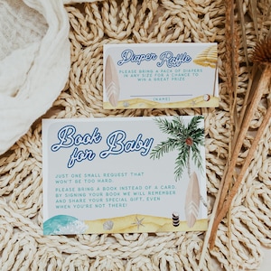Surfboeken voor baby en luierkaart, bewerkbare afdrukbare zomerbabyshower insteekkaart, strandbabyshower, luierloterijticket, 114