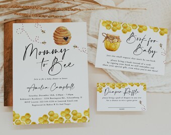 Bee babyshower uitnodiging, mama tot bij, genderneutraal, boek voor baby, luierbord, baby bij baby, instant download, sjabloon, bewerkbaar