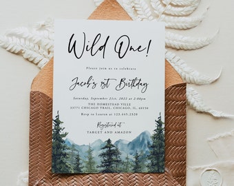 Mountains First Birthday Editable Invitation, Printable Wild One Invite Template, Woodland 1st Birthday, Outdoors, Instant Download, 005