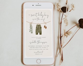 Boy Baby Shower Text Message Invitation Template, Electronic, Boy Baby Clothes Shower, Boho Baby Shower, Baby Shower Evite, Download, 95