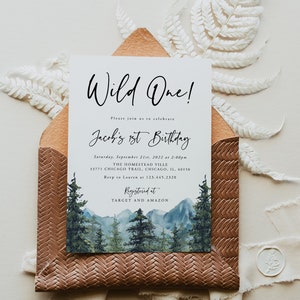 Mountains First Birthday Editable Invitation, Printable Wild One Invite Template, Woodland 1st Birthday, Outdoors, Instant Download, 005