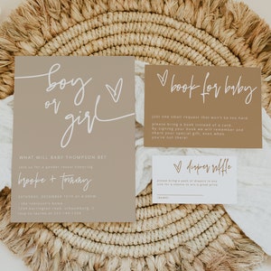Modèle de jeu d&#39;invitations pour révélation de genre, enseigne de couche-culotte, livre, invitation à une fête de révélation de genre moderne, minimaliste non sexiste, lui ou elle, 41G