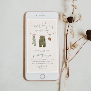 Modello di invito per baby shower con messaggio di testo, elettronico, per vestitini per neonati, baby shower in stile boho, invito per baby shower, da scaricare, 95