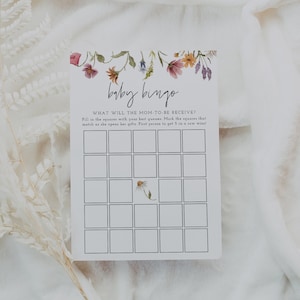 Jeu de bingo pour bébé, jeu de baby shower imprimable, modèle de baby shower de fleurs sauvages, bohème, modifiable, téléchargement immédiat, Templett, 55