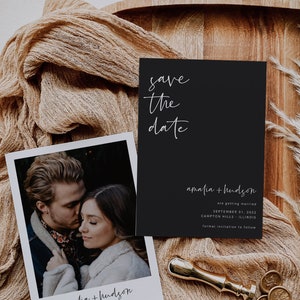 Schwarzweiß-Foto-Save the Date-Vorlage, moderne minimalistische Save the Date mit Foto, bedruckbar Save the Date Industrial, bearbeitbar, 43
