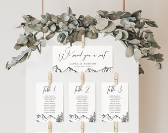 Mountain Wedding Seating Chart Card, Pine Wedding Seating Chart Cards, Woodland Seating Chart Cards, Download, Editable Template, 001