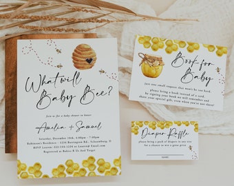 What Will Baby Bee Gender Reveal Party Invitation, Baby Bee, Gender Neutral, Book for baby, Diaper Sign, Download, Template, Editable