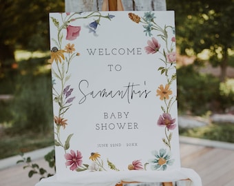 Modèle de plaque de bienvenue pour baby shower de fleurs sauvages, baby shower de fleurs sauvages, signe floral, signe floral de baby shower, téléchargement, modifiable, Boho, 55