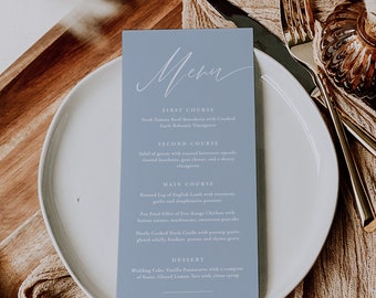 Dusty Blue Menu Template, Blue Menu, Modern Menu Printable Wedding Dinner Menu Card, 100% Editable Text, INSTANT DOWNLOAD, Templett, 06