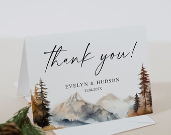 Plantilla de tarjeta plegable de agradecimiento de montaña, nota editable para boda o despedida de soltera, pino de montaña del bosque, descarga instantánea, montaña de otoño, 126