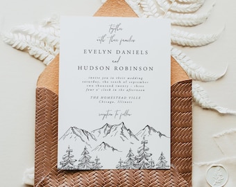 Invitación de boda en la montaña, pinos del bosque, boda rústica, plantilla editable junto al lago, descarga instantánea, moderna, 001