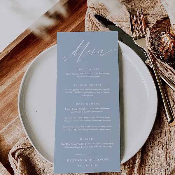 Dusty Blue Menu Template, Blue Menu, Modern Menu Printable Wedding Dinner Menu Card, 100% Editable Text, INSTANT DOWNLOAD, Templett, 06