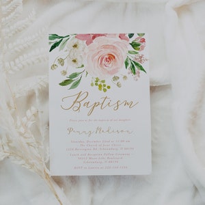 Floral Baptism Invitation Girl Template, Blush Floral Pink, Christening invitation, Rose Baptism Invite, Rose Gold, Instant Download, 024