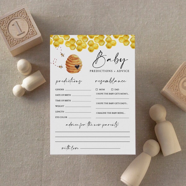 Baby-Vorhersagen und Ratschläge-Karte, druckbare Honigbienen-Babyparty, bearbeitbarer Text, DIY-Baby-Ratschläge, sofortiger Download, Templett