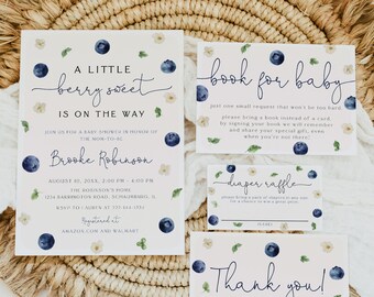 Blueberry Baby Shower Invitation Set Template, Diaper, Thank You, Book, Berry Sweet Baby on the Way Invite, Berries, Editable, 118